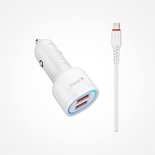 Iconix Car Charger 3.4A 2 USB Ports + Lightning Cable for iPhone IC-CC1714 | Fast Car Charging | Dual Device Power | Built-In Apple Cable