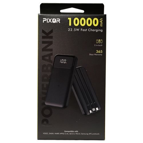 PIXOR Power Bank 10000mAh (37Wh, 22.5W) | 3 Built-in Cables (USB-C, Lightning, USB-A) | Triple Output | Fast Charging | PixorPB-10225BK