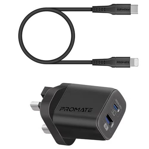 Promate ChargeKit-25PDi USB-C Adapter and Cable Set | 25W Power Delivery Dual Port AC Charger | Type-C to Lightning Silicone Cable