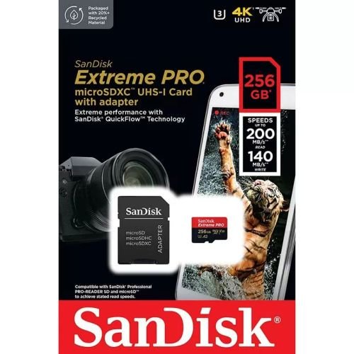 SanDisk Extreme Pro 256GB microSD SDXC UHS-I Card | 200MB/s Read | 4K Video | Includes Adapter