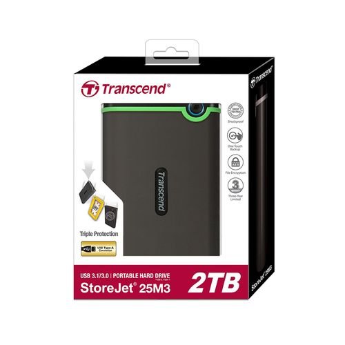 Transcend 2TB StoreJet 25M3 Portable USB 3.1 External Hard Drive | Drop-Proof | High-Speed Data Transfer | 3-Stage Shock Protection